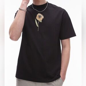 Topman Black Oversized T-Shirt with Sunflower Design Size L